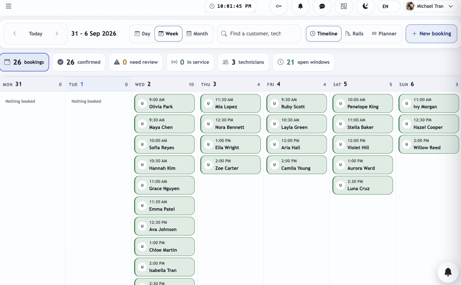 The bookings calendar in the Zenvee Portal