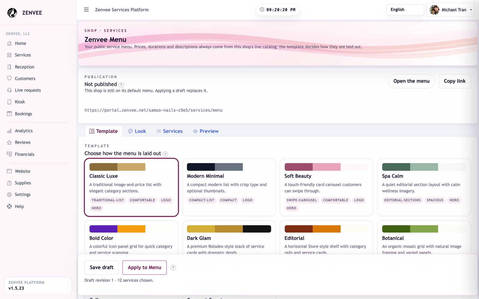 The service menu editor in the Zenvee Portal